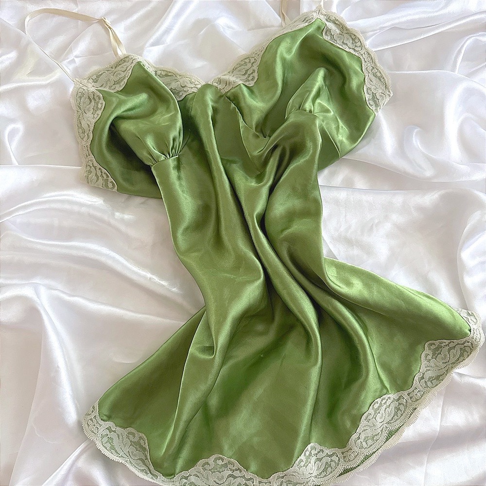 Aqua Blues Green Satin Lace Trim Chemise Nightgown Slip Dress Large UN7527IXJN